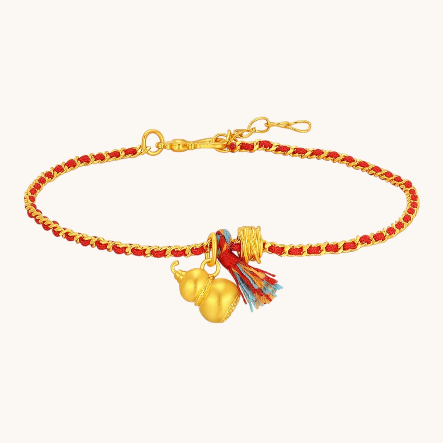 24k Lucky Gourd Charm Tassel Red Cord Bracelet