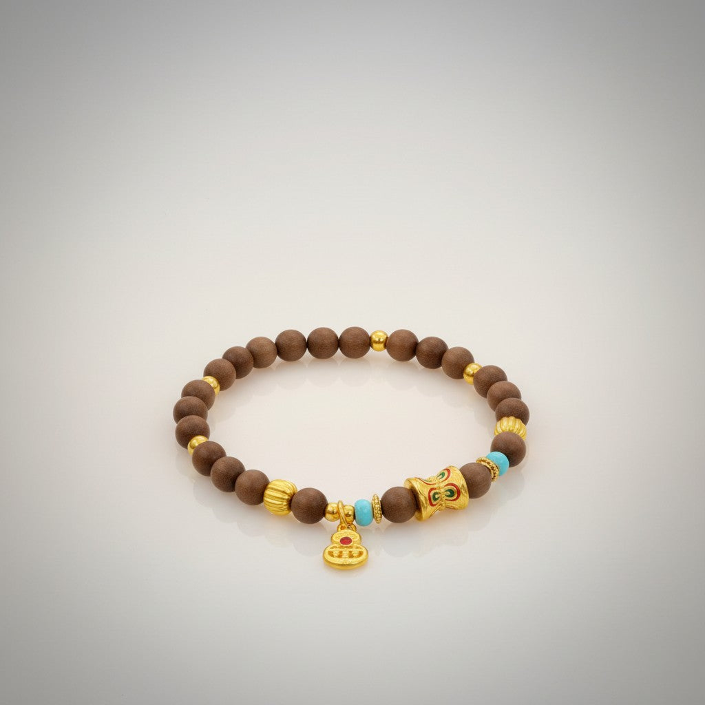 24k 999 Gold Bead Gourd Charm Sandalwood Elastic Lucky Charm Bracelet