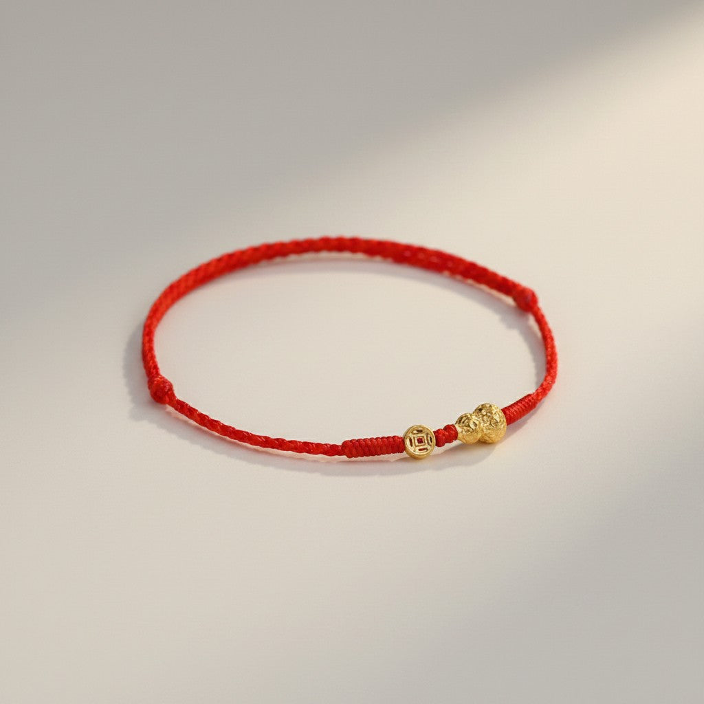 24K Gold Gourd Coin Minimal Thin Cord Adjustable Bracelet and Anklet for Men Women and Kids