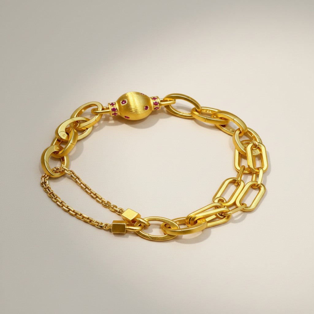 24k Gold bead Charms Minimal Chain Link Bracelet