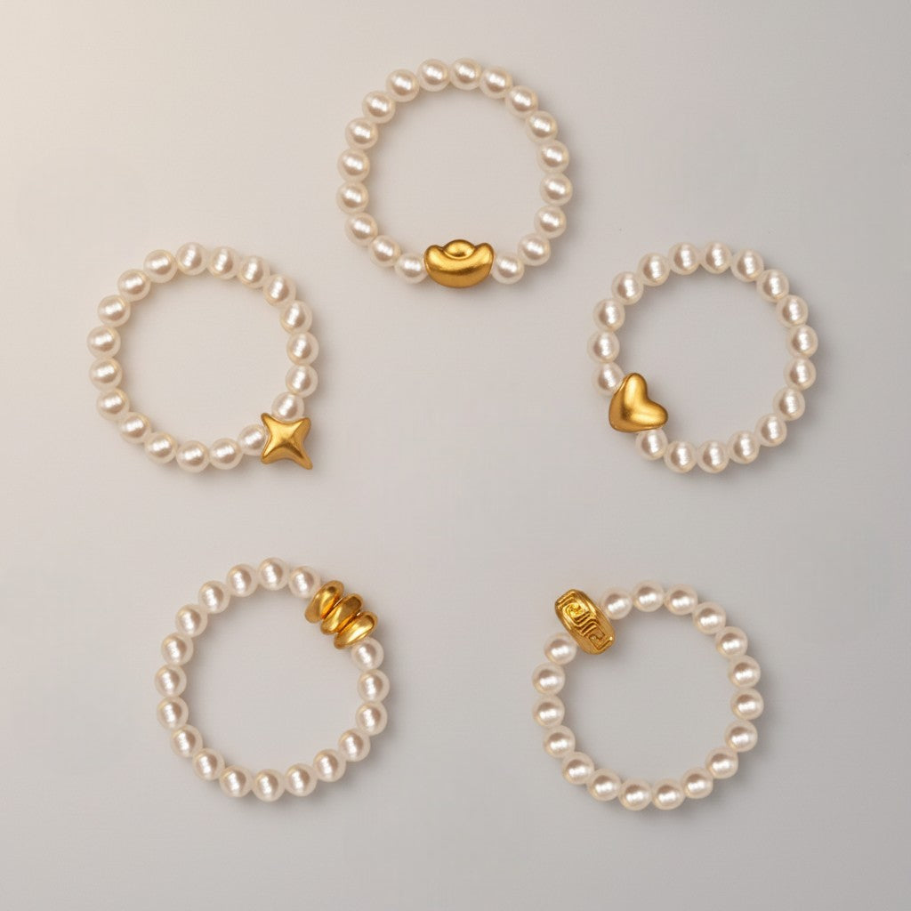 24k Pure 999 Gold Heart Ingot Star Charm Natural Pearl Elegant Minimalist Beaded Ring