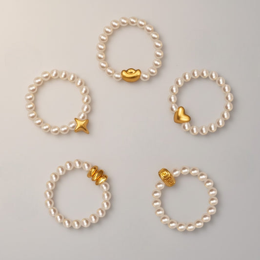 24k Pure 999 Gold Heart Ingot Star Charm Natural Pearl Elegant Minimalist Beaded Ring