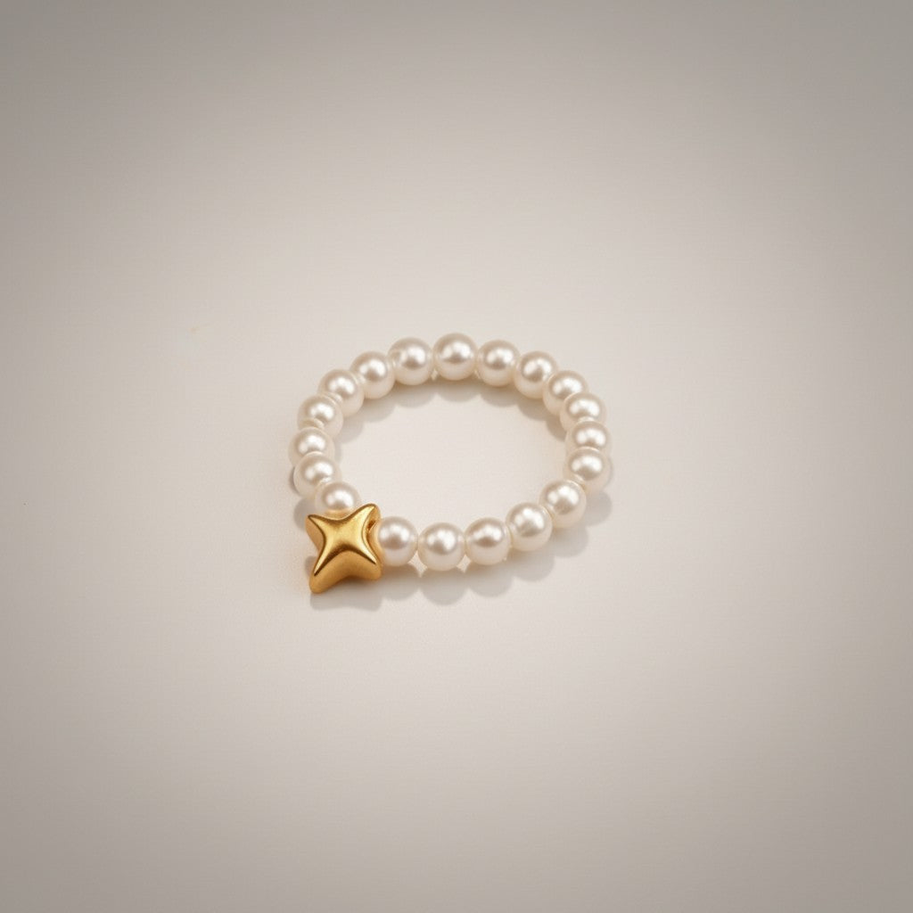 24k Pure 999 Gold Heart Ingot Star Charm Natural Pearl Elegant Minimalist Beaded Ring