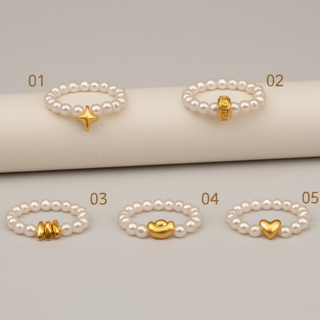 24k Pure 999 Gold Heart Ingot Star Charm Natural Pearl Elegant Minimalist Beaded Ring