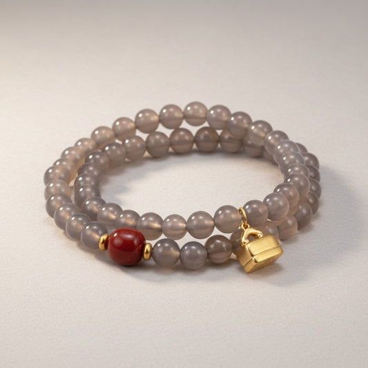 24k Pure 999 Gold Charm Natural Gray Agate & Nanhong Agate Beads Cherish Blessings Bracelet