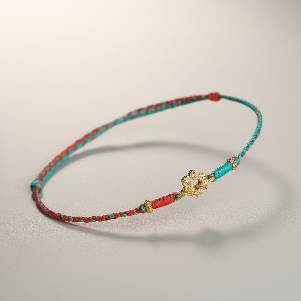 24k 999 Gold Lotus Flower Zircon Charm Braided Thin Cord Bracelet