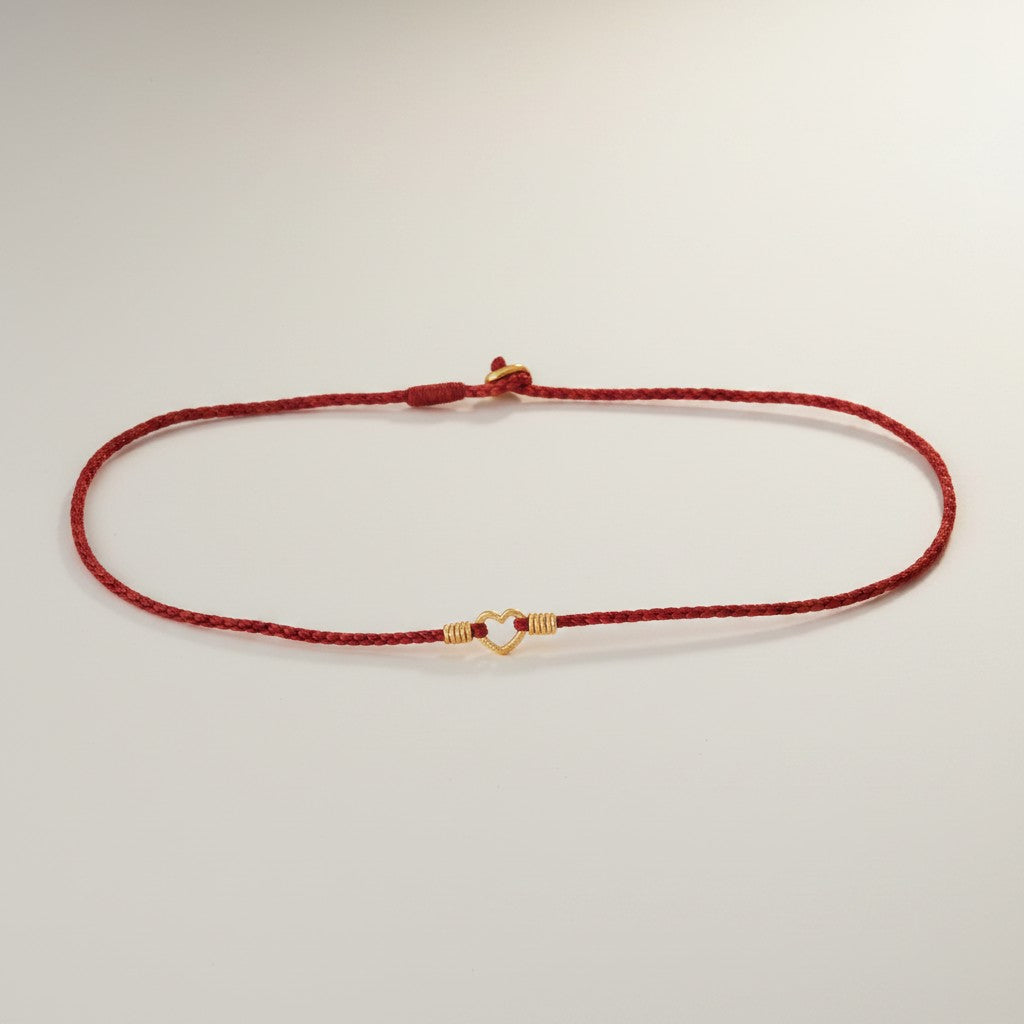 24k 999 Gold Mini Heart Charm Minimalist Ultra-Thin Adjustable Cord Bracelet