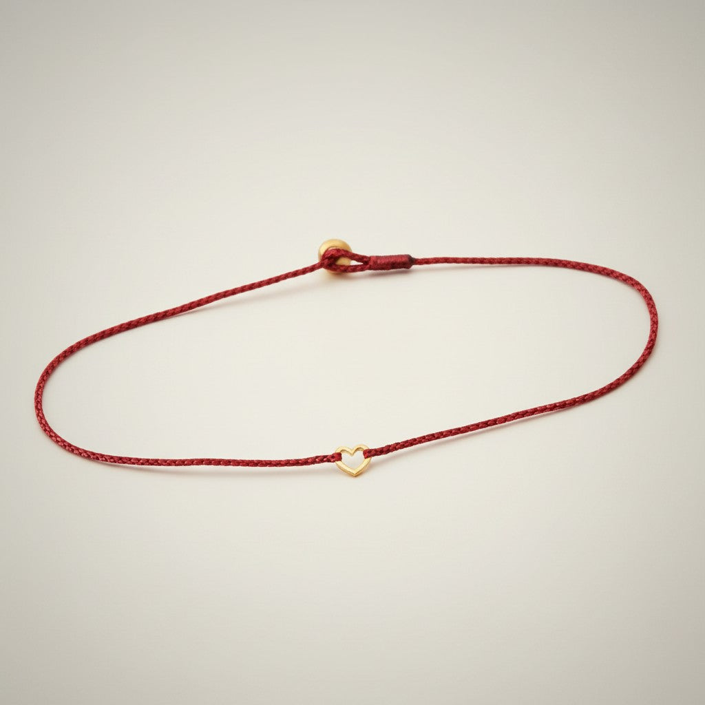 24k 999 Gold Mini Heart Charm Minimalist Ultra-Thin Adjustable Cord Bracelet