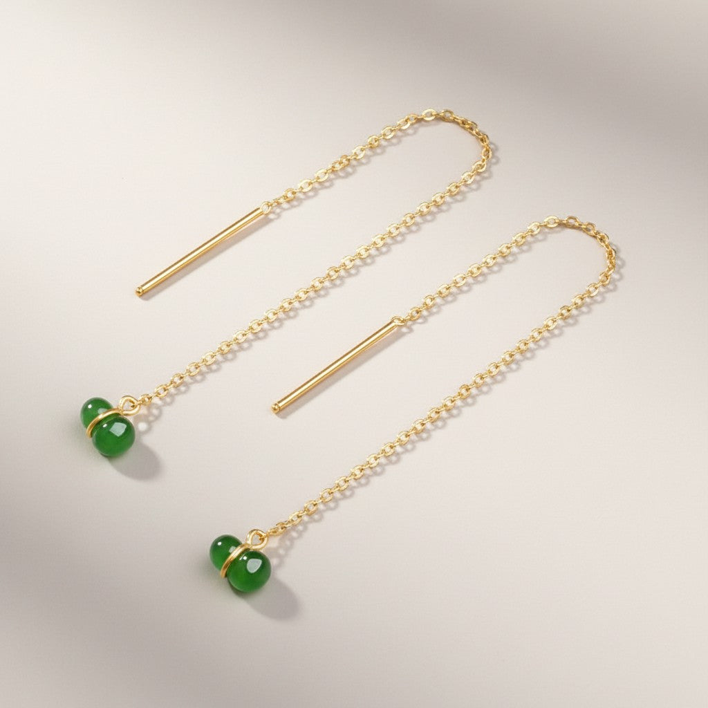 24K Gold Threader Dangle Minimalist Jade Gourd Earrings