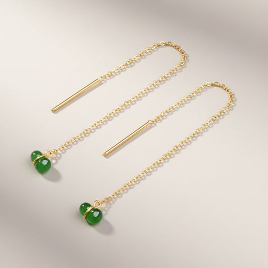 24K Gold Threader Dangle Minimalist Jade Gourd Earrings