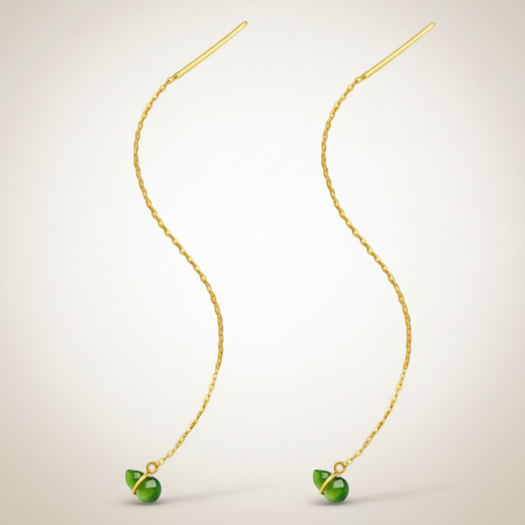 24K Gold Threader Dangle Minimalist Jade Gourd Earrings