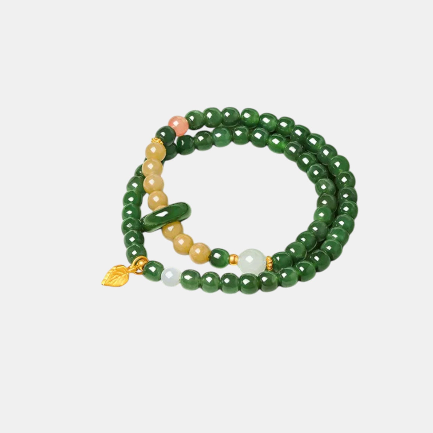 24K Gold Leaf Charm Natural Jade Double-Wrap Agate Accents Beads Bracelet