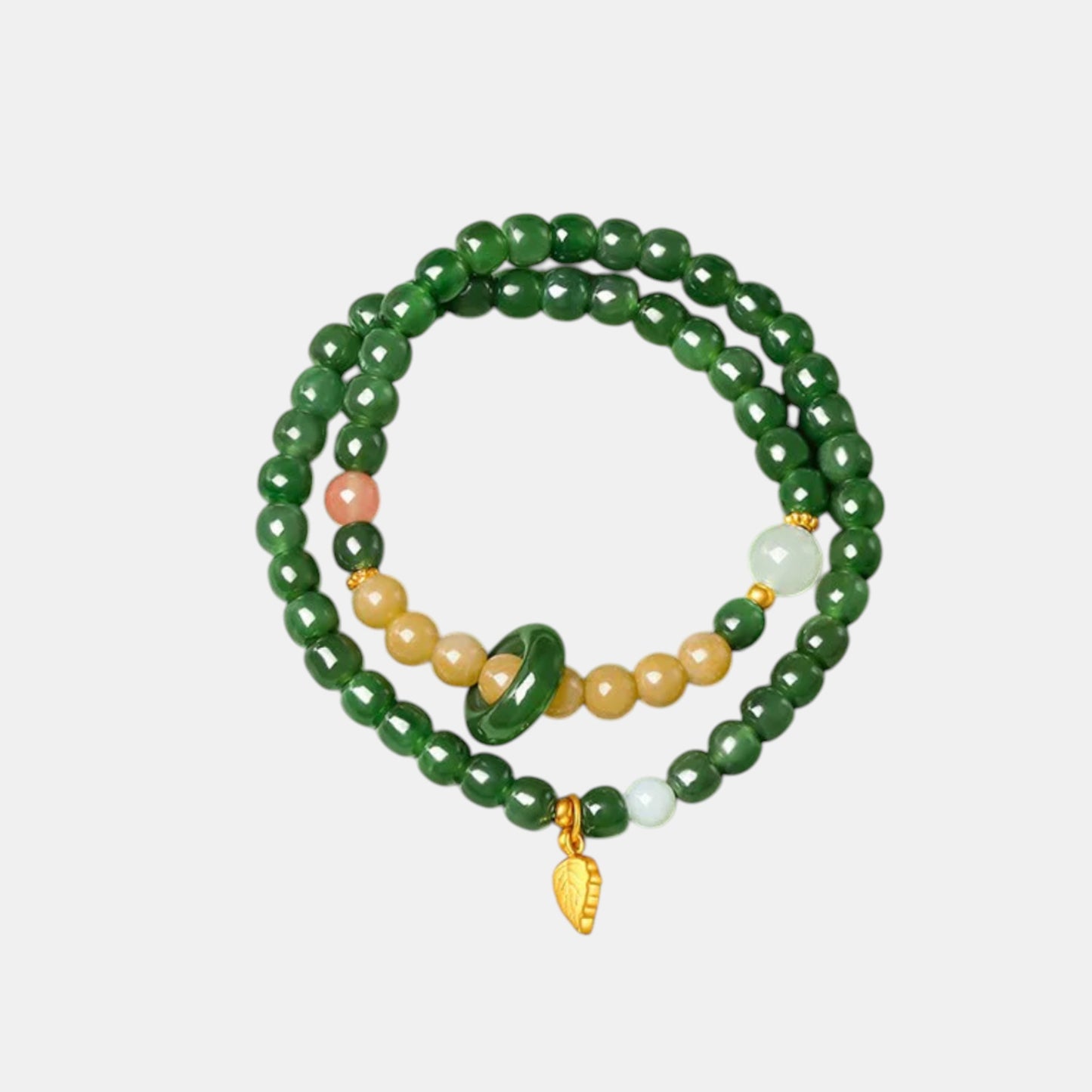 24K Gold Leaf Charm Natural Jade Double-Wrap Agate Accents Beads Bracelet