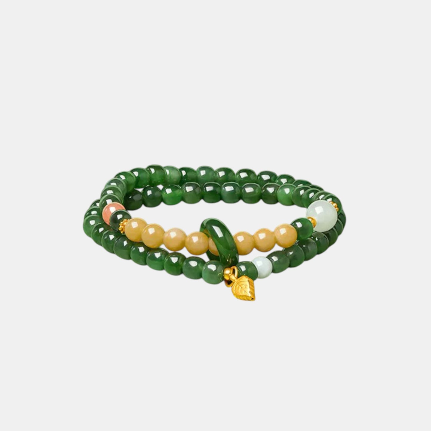 24K Gold Leaf Charm Natural Jade Double-Wrap Agate Accents Beads Bracelet