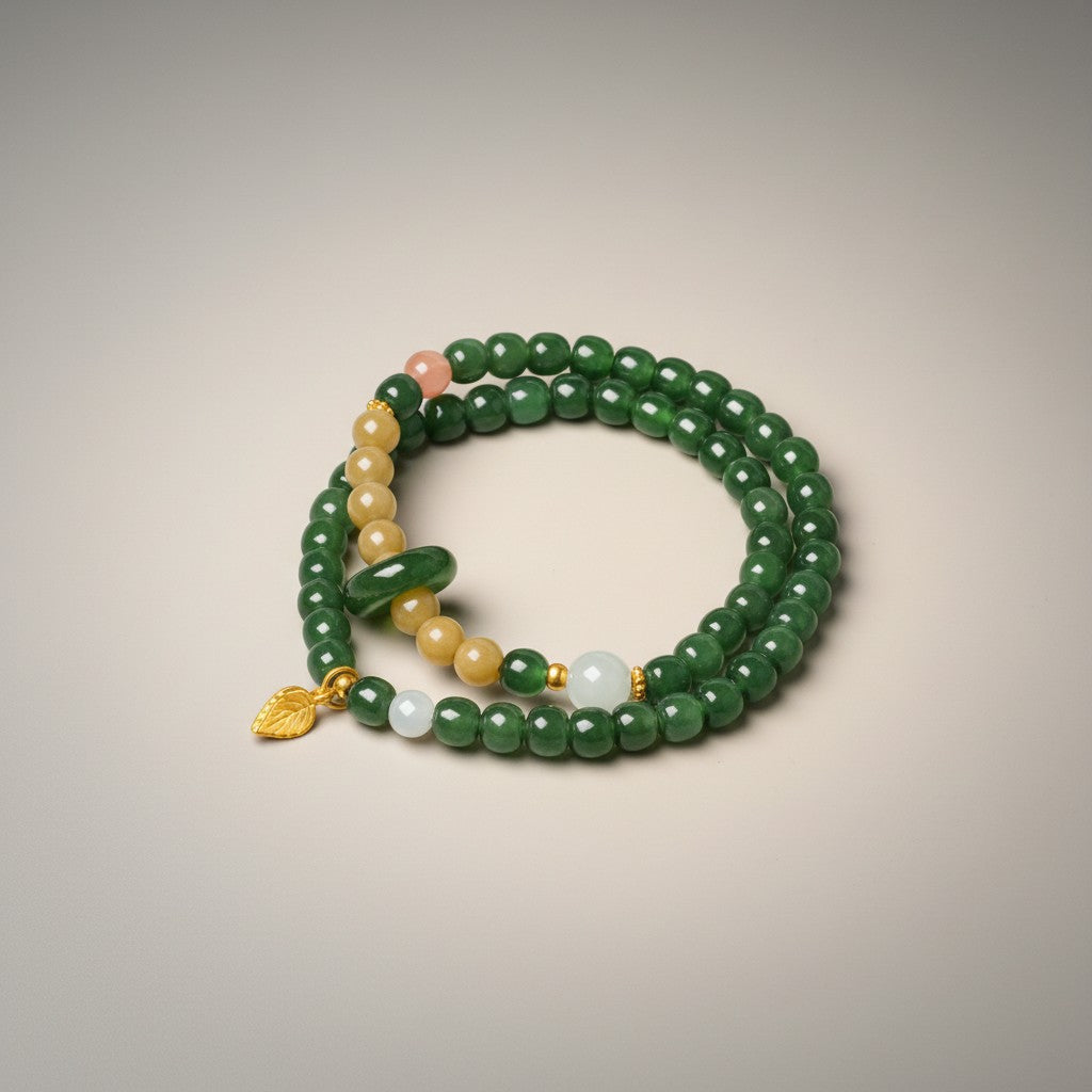 24K Gold Leaf Charm Natural Jade Double-Wrap Agate Accents Beads Bracelet
