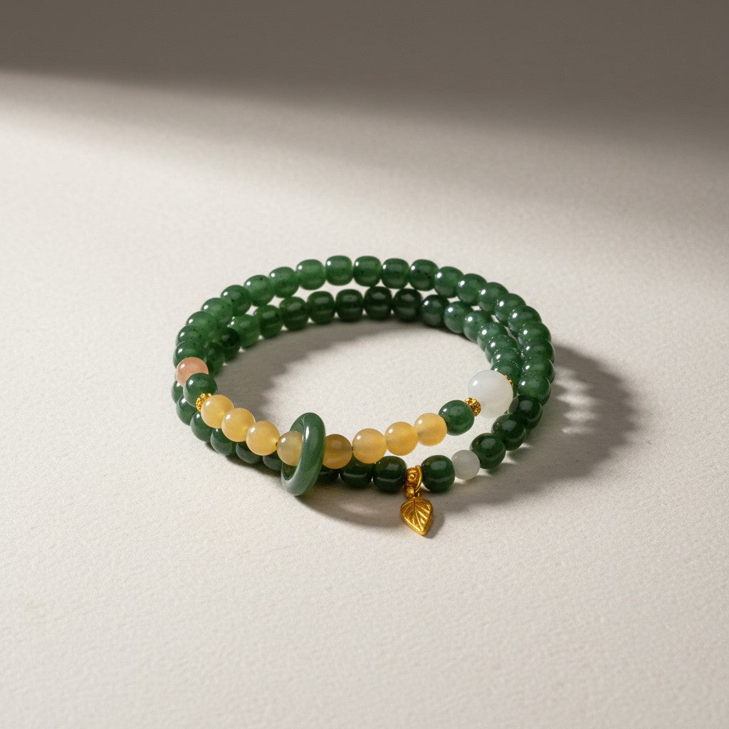 24K Gold Leaf Charm Natural Jade Double-Wrap Agate Accents Beads Bracelet
