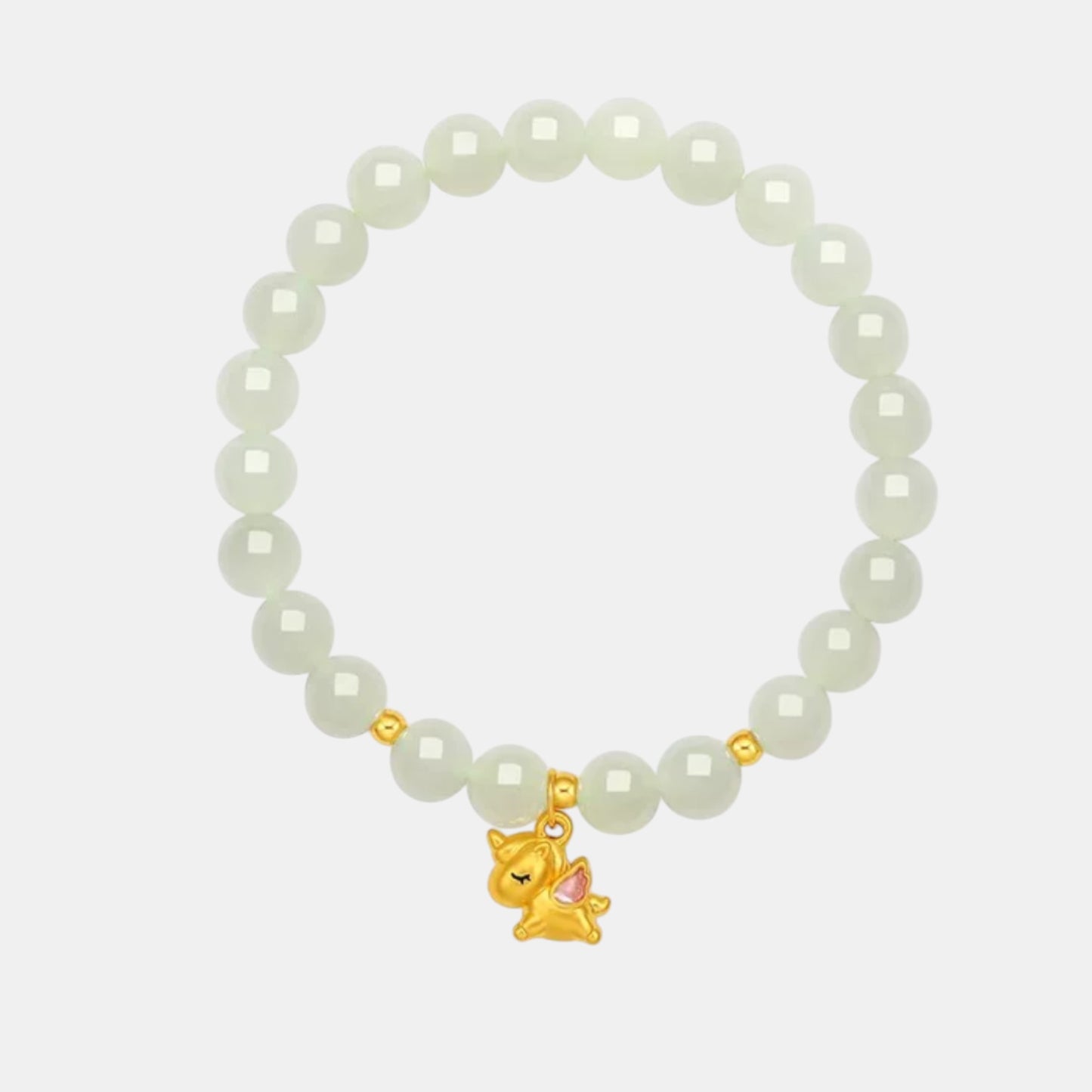 24K Gold Unicorn Horse Enamel Charm Beads Mint Elegant Natural Jade Bracelet