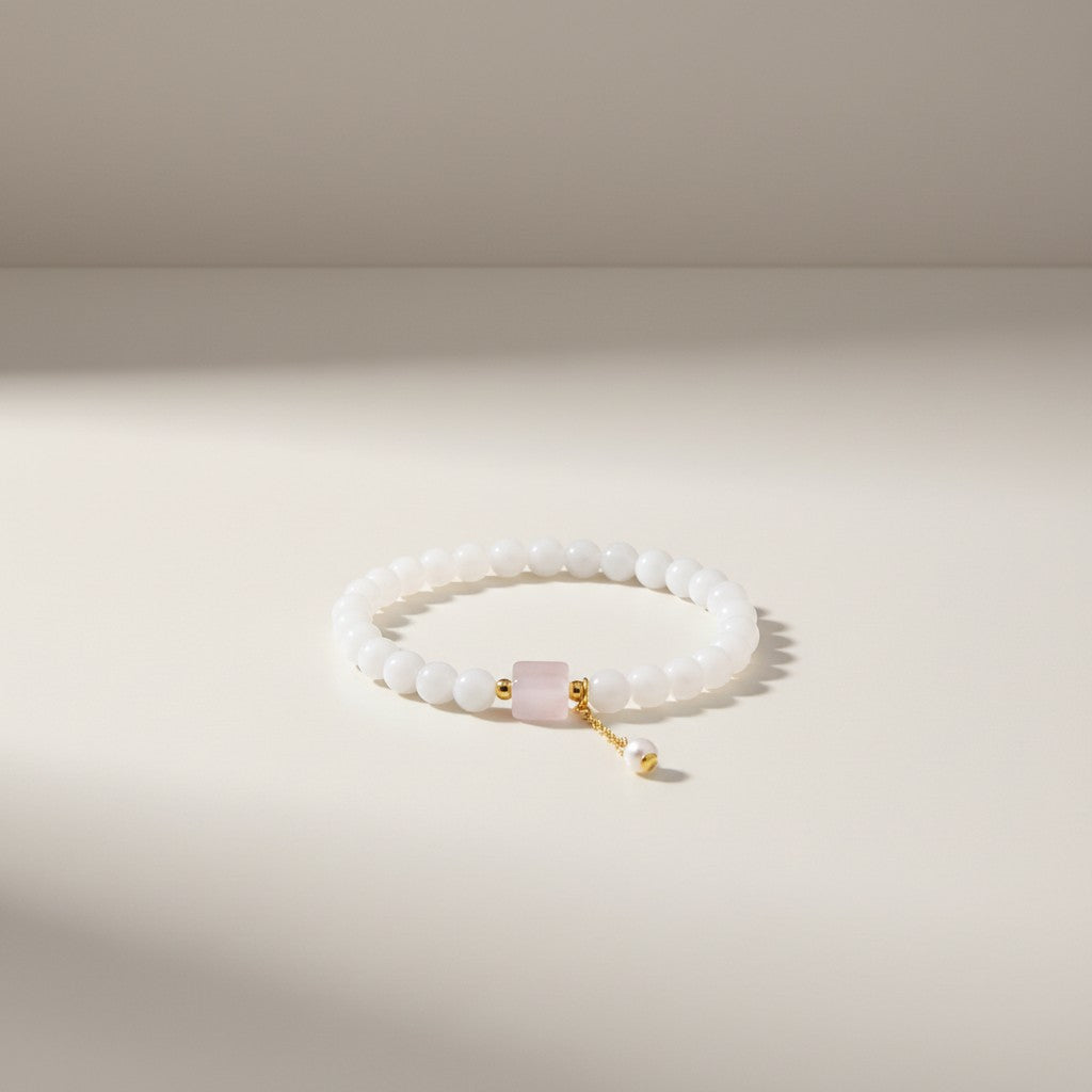24K Gold Charm Beads White Jade Beads Pink Chalcedony Elegant Bracelet