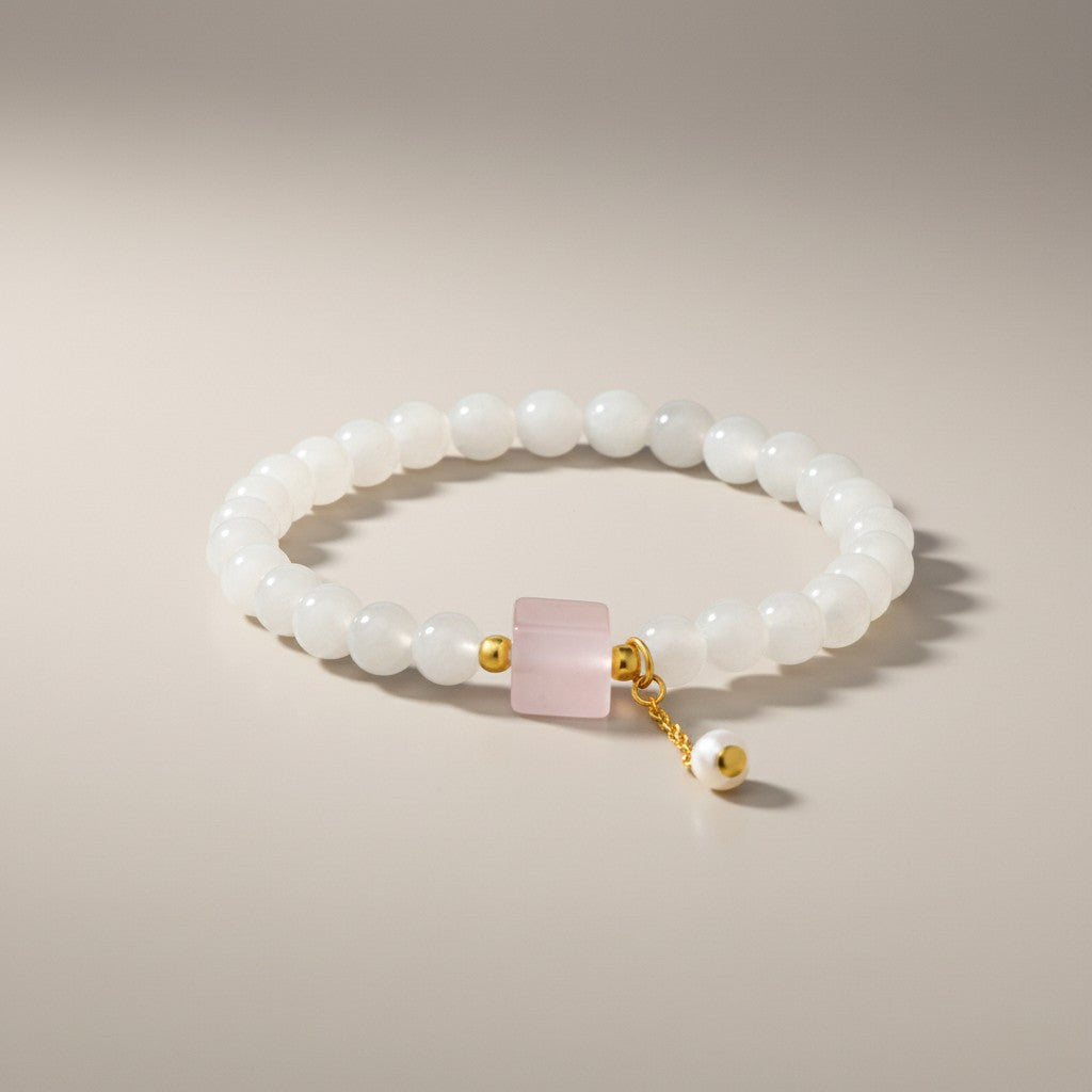 24K Gold Charm Beads White Jade Beads Pink Chalcedony Elegant Bracelet