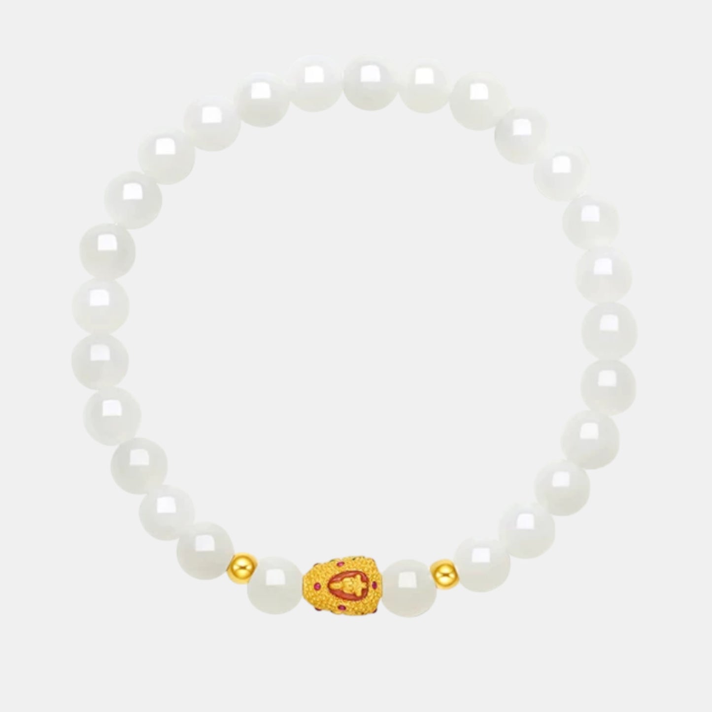 24K Gold Enamel Four-Faced Buddha Charm White Jade Beads Bracelet