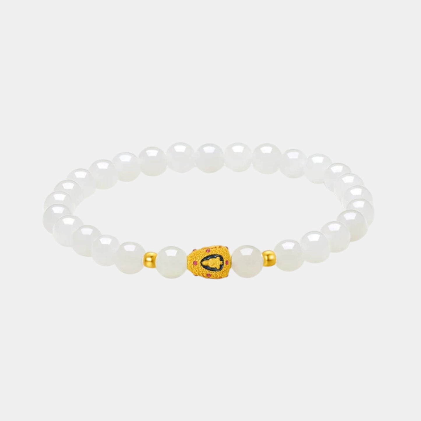 24K Gold Enamel Four-Faced Buddha Charm White Jade Beads Bracelet