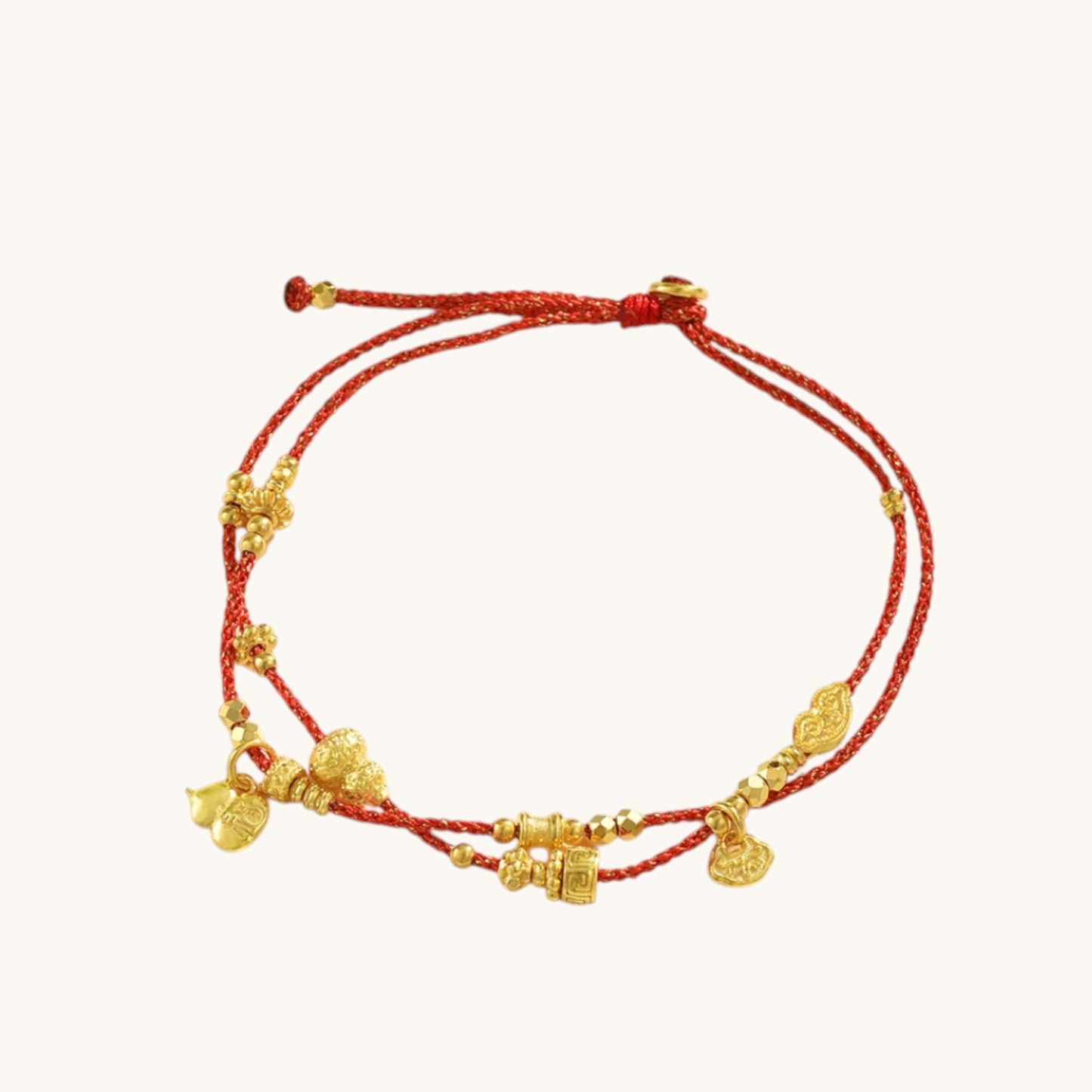24K 999 Gold Charm Beads Gourd Ruyi Lock Adjustable Cord Bracelet