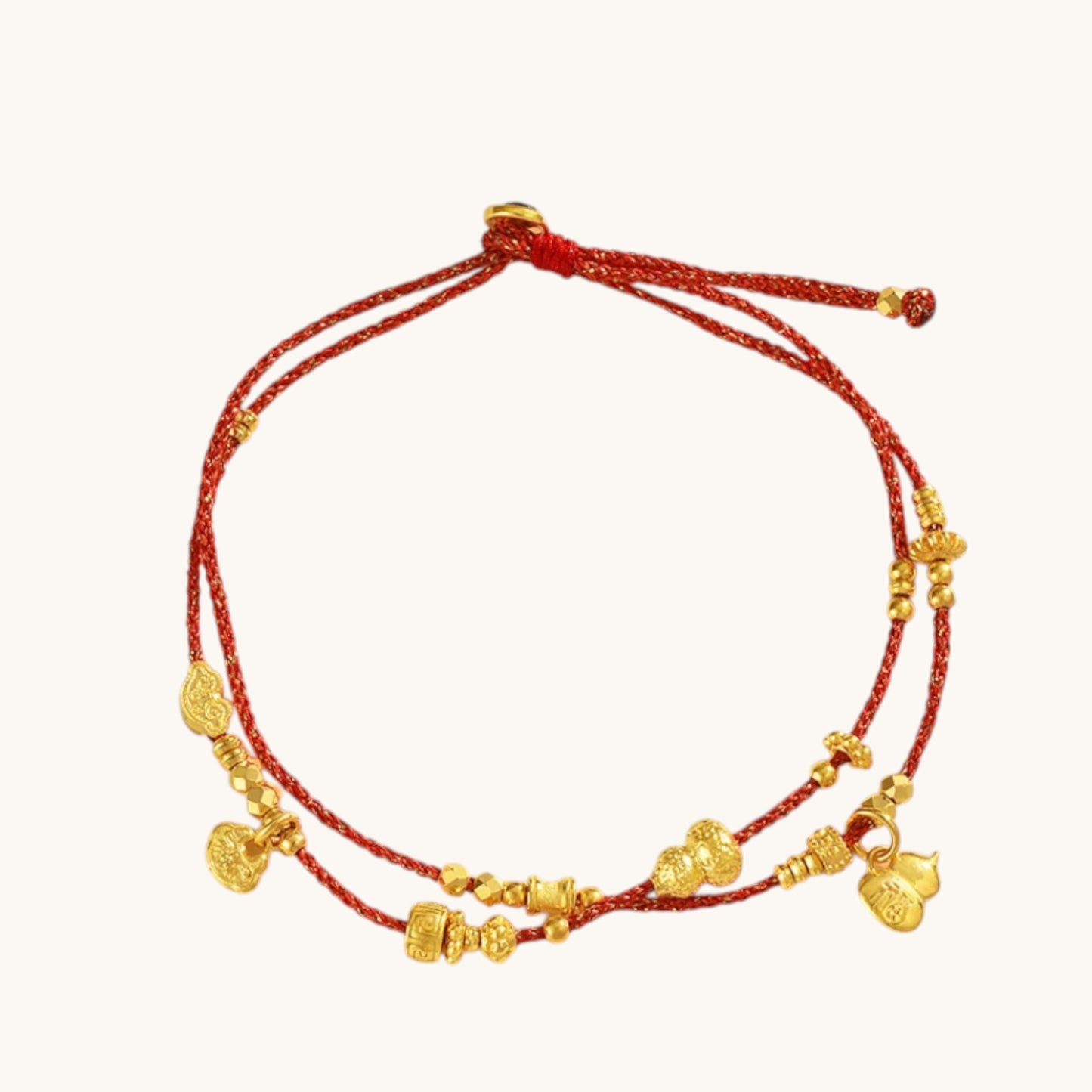 24K 999 Gold Charm Beads Gourd Ruyi Lock Adjustable Cord Bracelet
