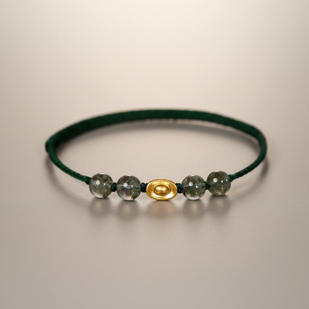24K Gold Mini Ingot Green Phantom Quartz Crystal Beads Adjustable String Bracelet and Anklet