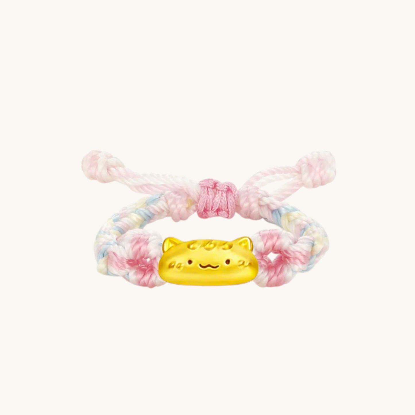 24K 999 Gold Kitty Cat Charm Braided Adjustable Cord Ring