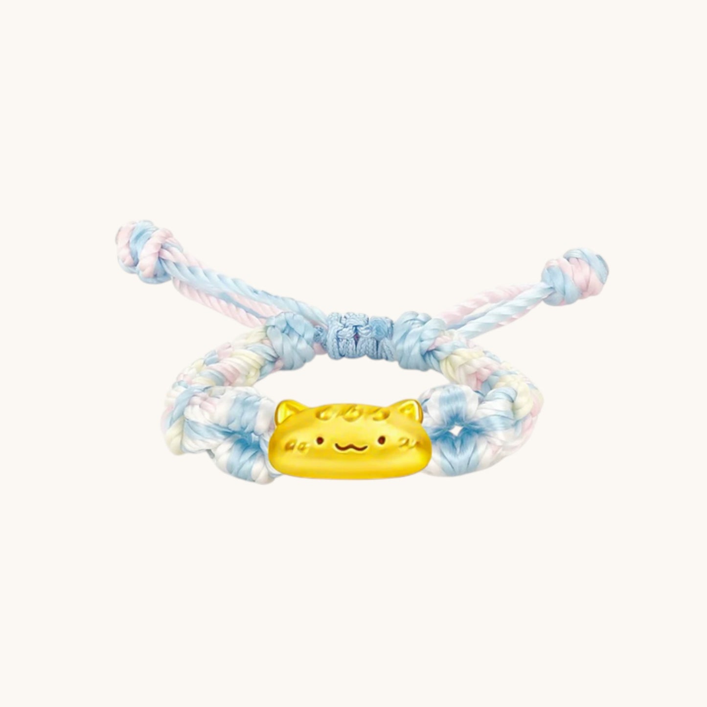 24K 999 Gold Kitty Cat Charm Braided Adjustable Cord Ring