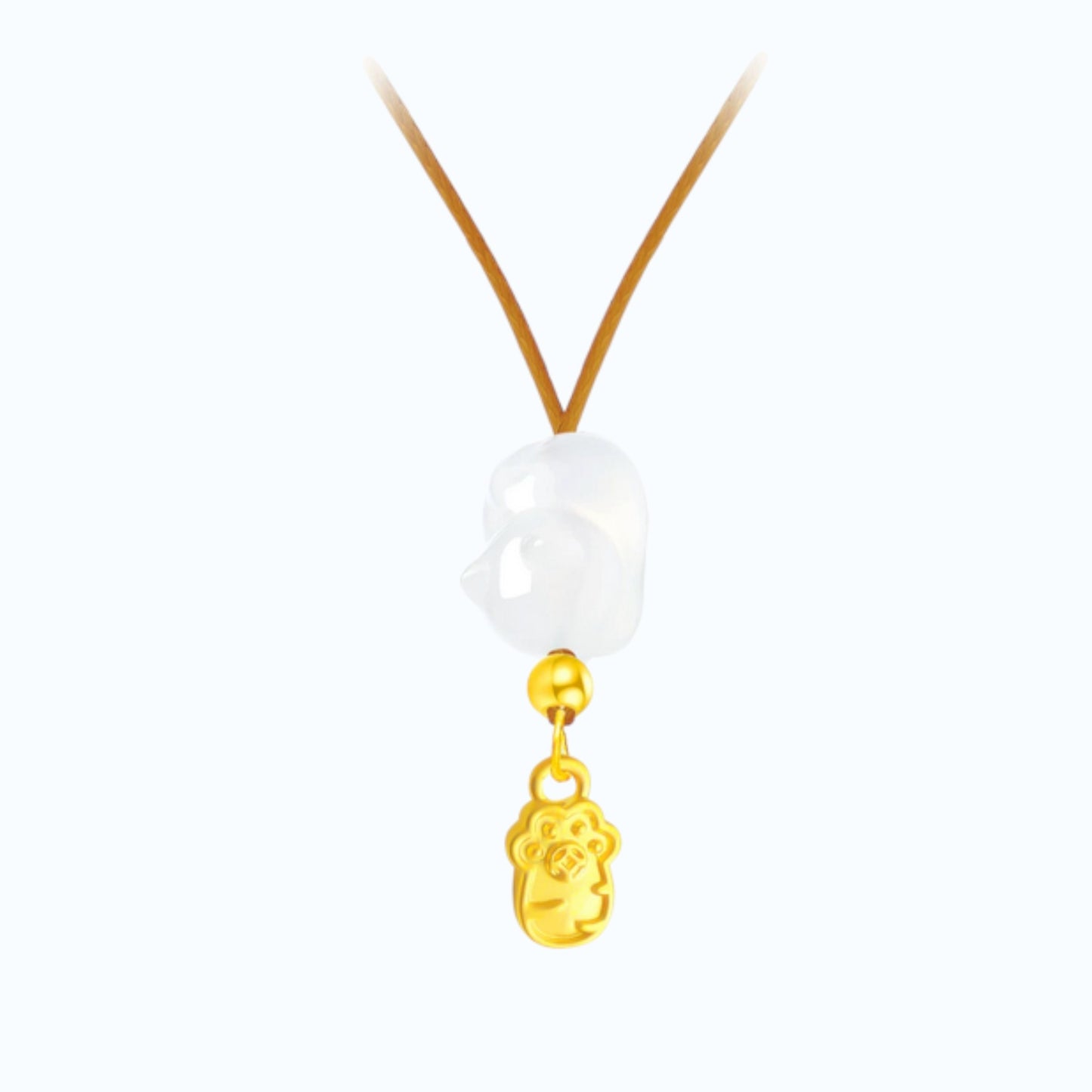 24K 999 Gold Cat Paw Fish Charms Chalcedony Gemstone Lucky Fortune Cord Necklace
