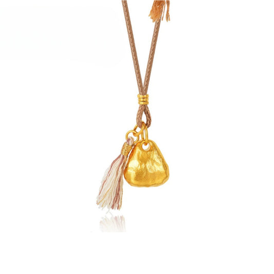 24k Gold "Golden Mountain" Pendant Adjustable Braided Cord Necklace