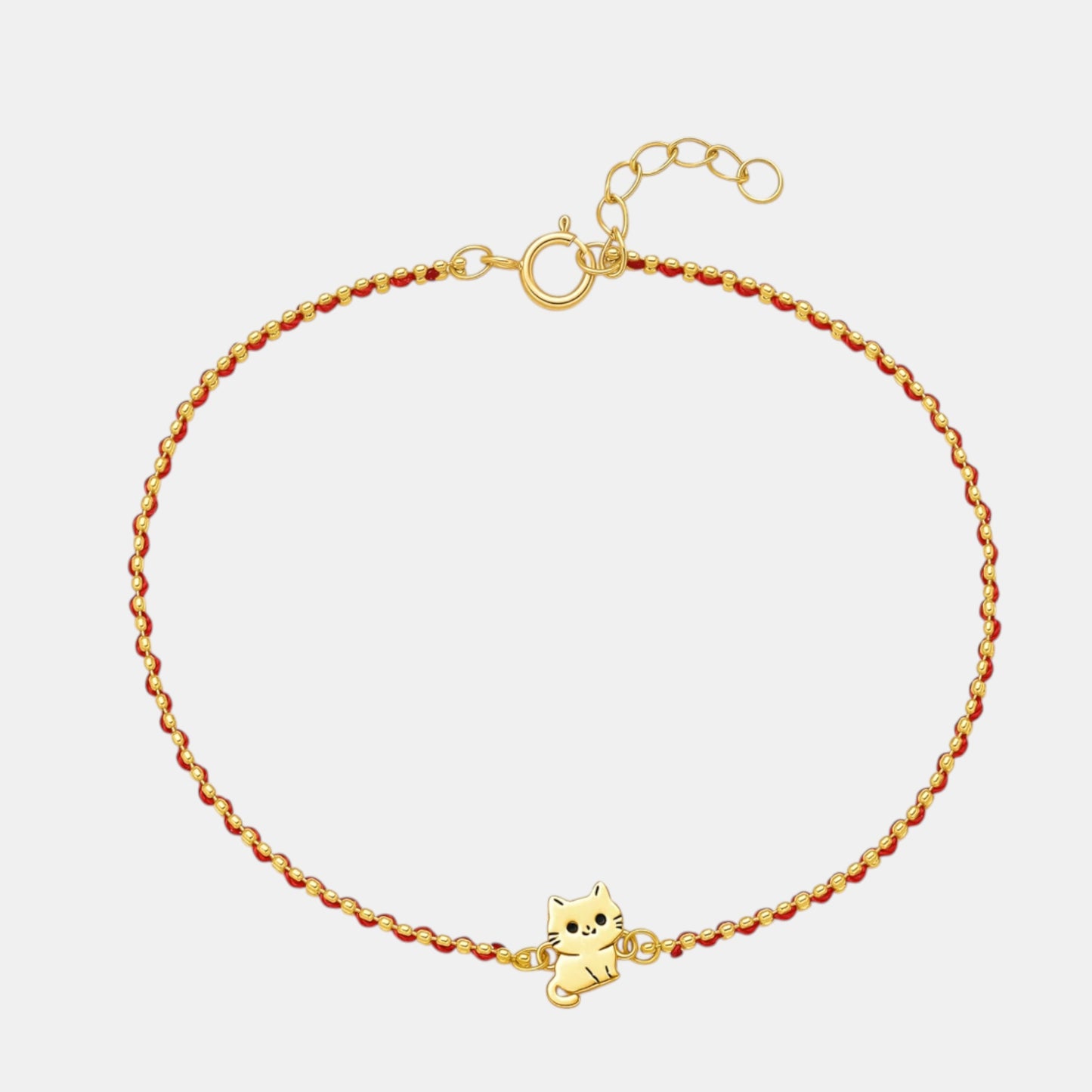 18K Fine Gold Cute Kitty Cat Charm Red String Cord Bracelet