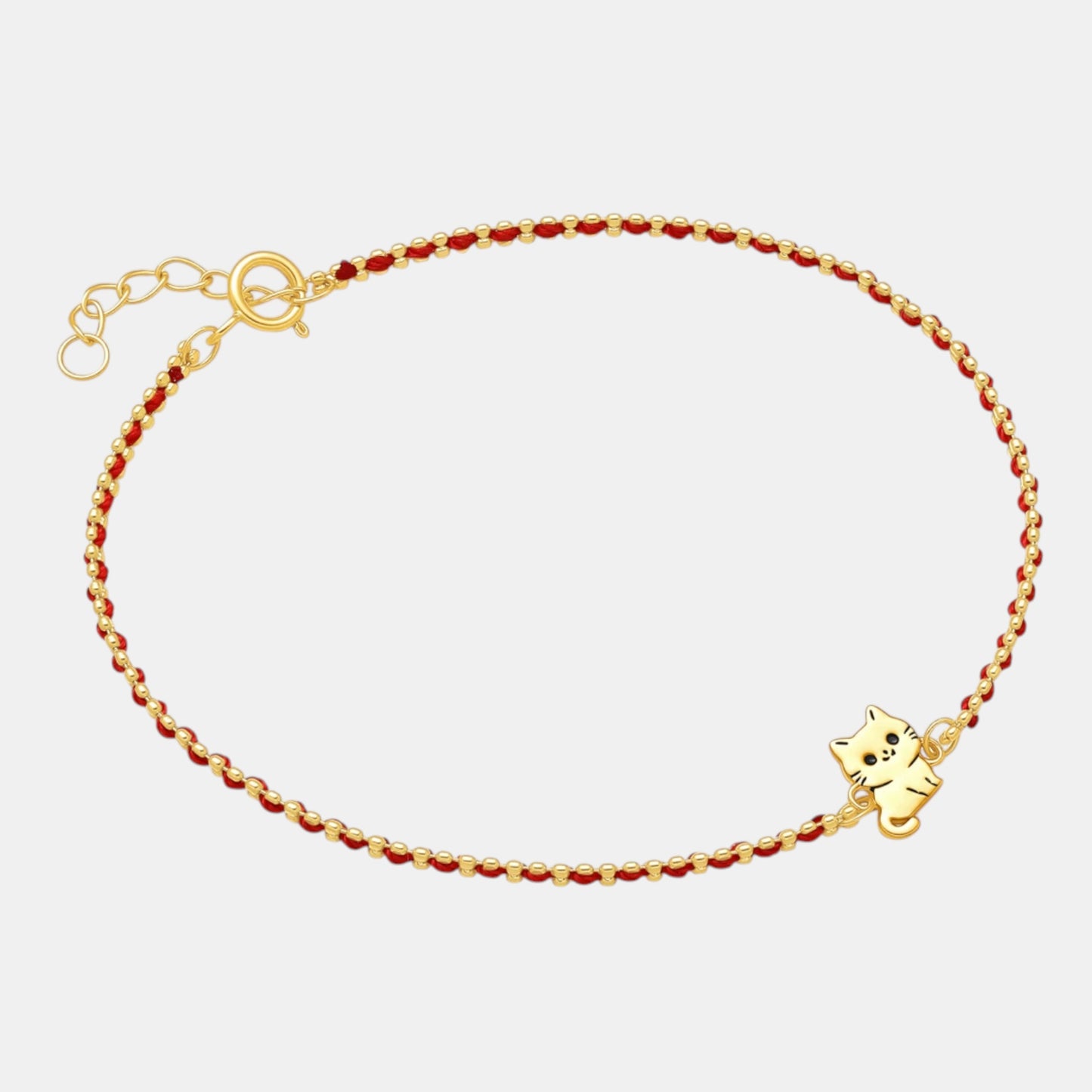 18K Fine Gold Cute Kitty Cat Charm Red String Cord Bracelet