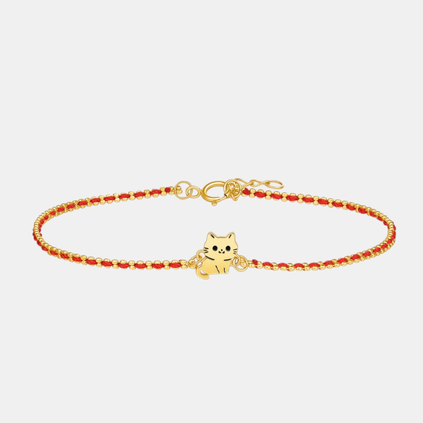 18K Fine Gold Cute Kitty Cat Charm Red String Cord Bracelet