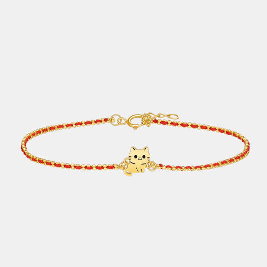 18K Fine Gold Cute Kitty Cat Charm Red String Cord Bracelet