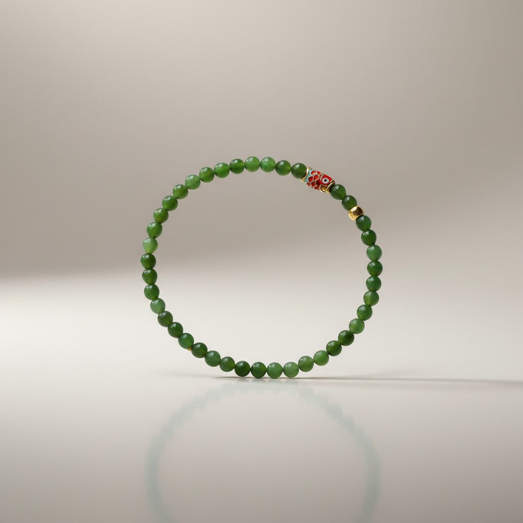 24k 999 Gold Carp Koi Fish Charm Beads Natural Jade Apple Green Jasper Bracelet