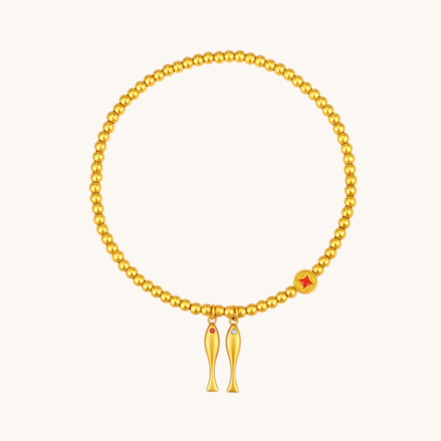 24K 999 Gold Lucky Fish Coin Charms Beads Bracelet