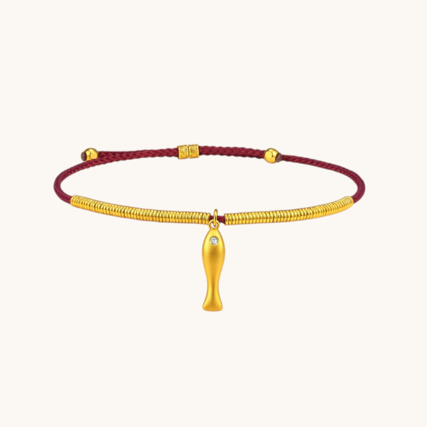 24K 999 Gold Lucky Fish Charms Braided Cord Adjustable Bracelet