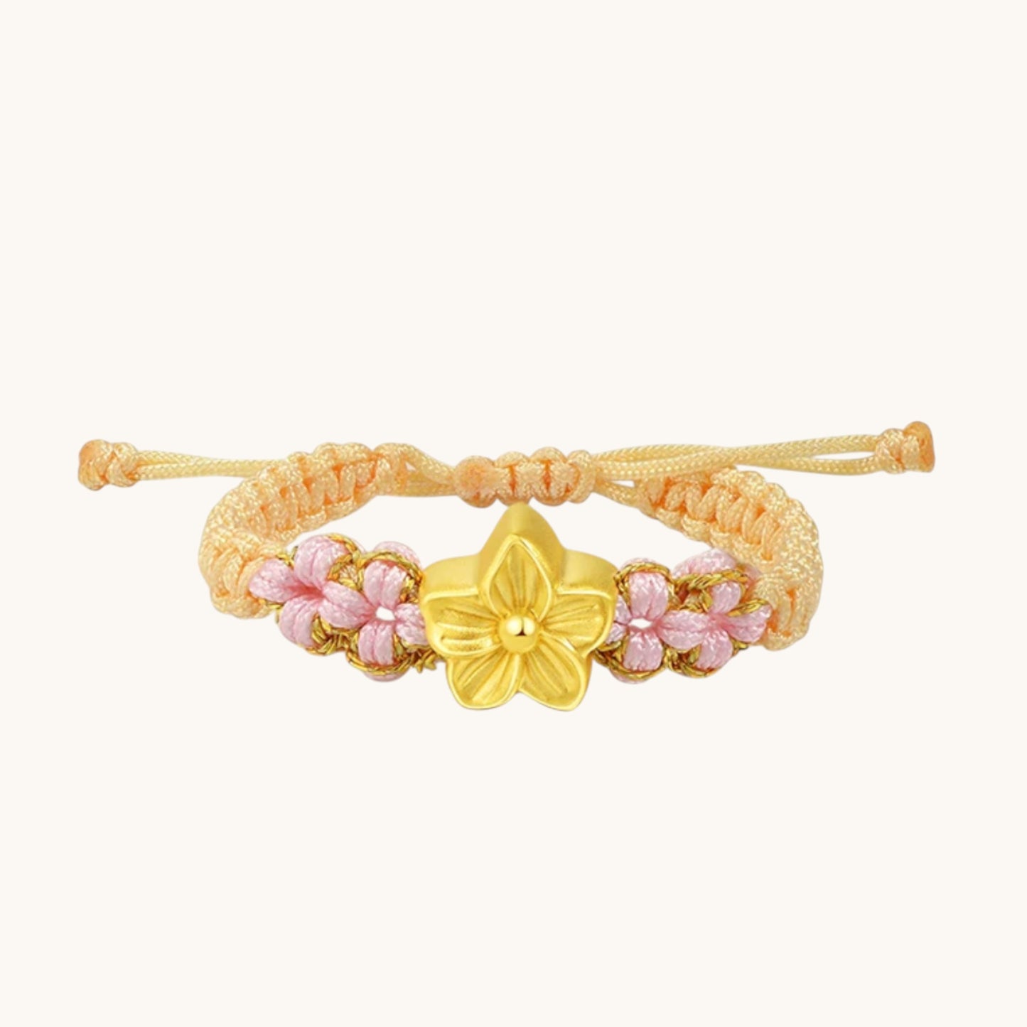 24K 999 Gold Cherry Blossom Flower Charm Braided Adjustable Ring