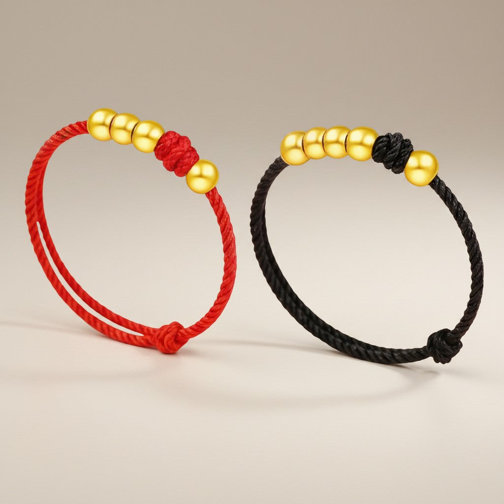 24K 999 Gold Minimal Minimalist Lucky Beads Braided String Couple Ring