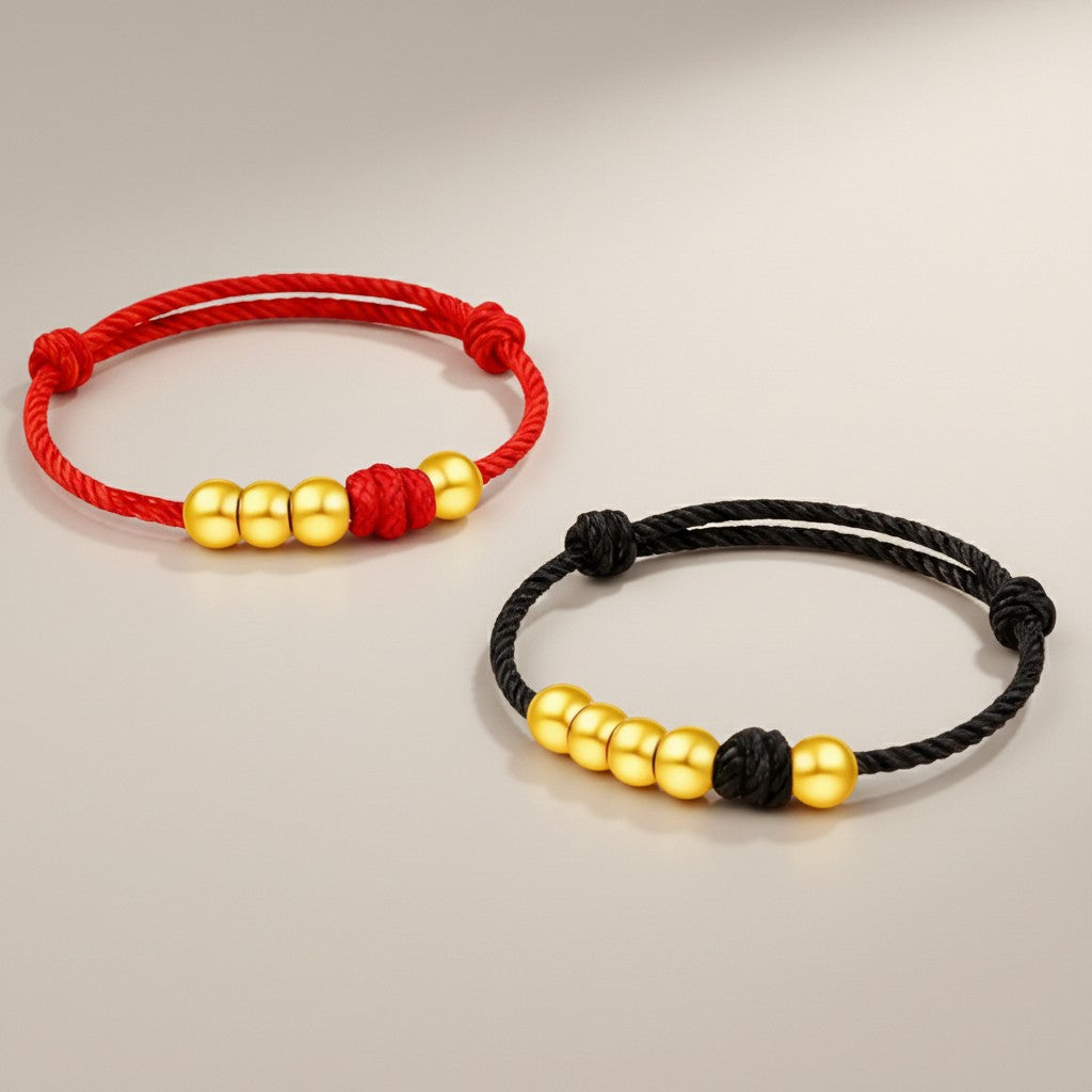 24K 999 Gold Minimal Minimalist Lucky Beads Braided String Couple Ring