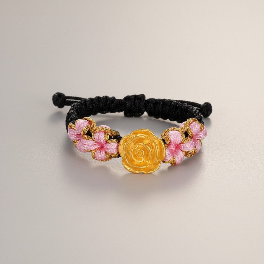 24K 999 Gold Rose Flower Charm Braided Adjustable Cord Ring