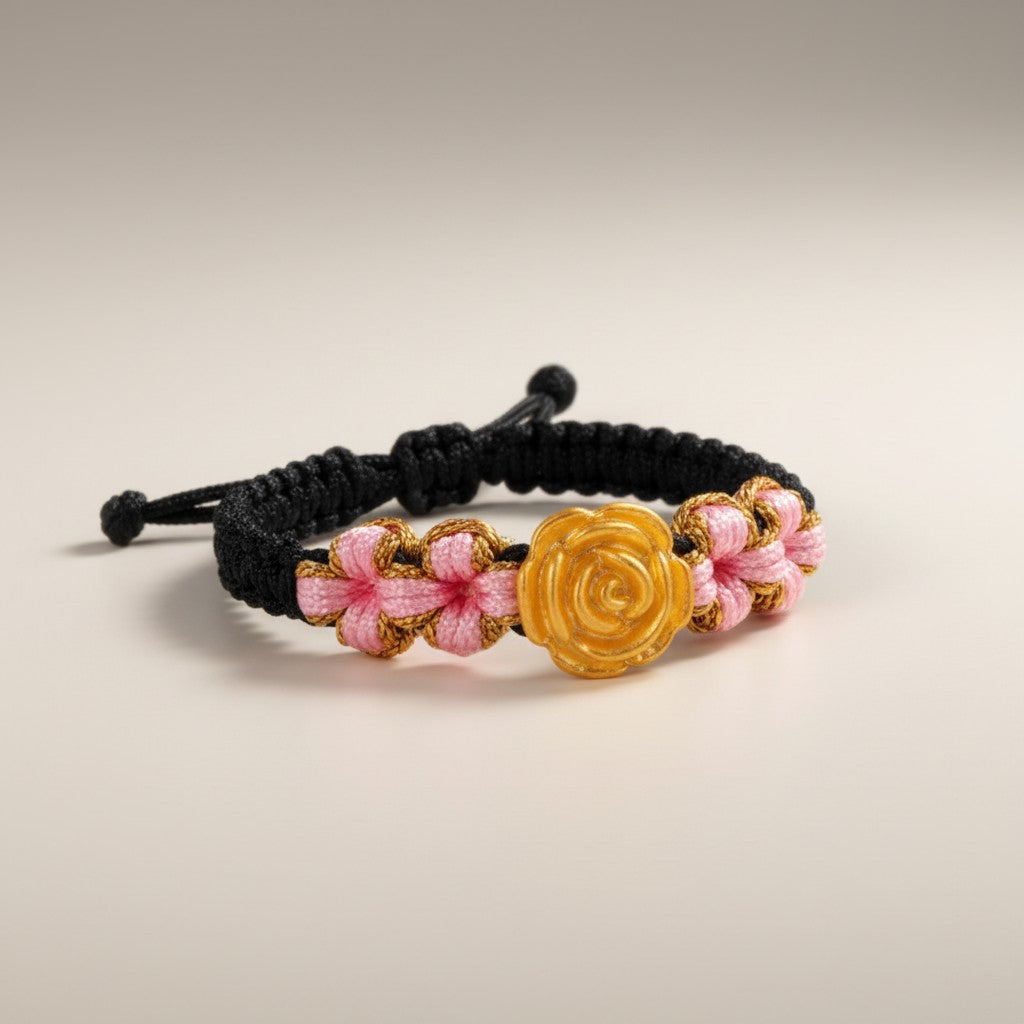 24K 999 Gold Rose Flower Charm Braided Adjustable Cord Ring