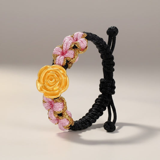 24K 999 Gold Rose Flower Charm Braided Adjustable Cord Ring