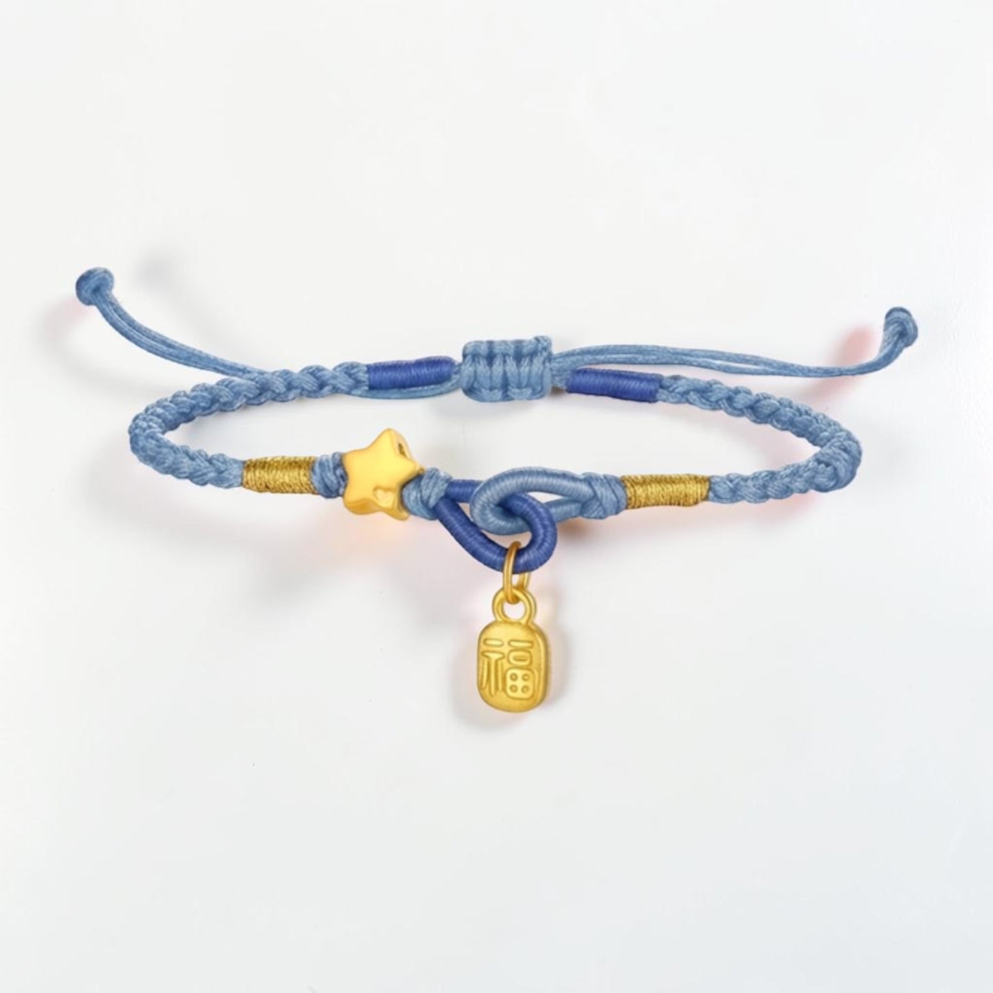 24K 999 Gold Minimal Blessing Fu Charm Star Braided String Adjustable Bracelet