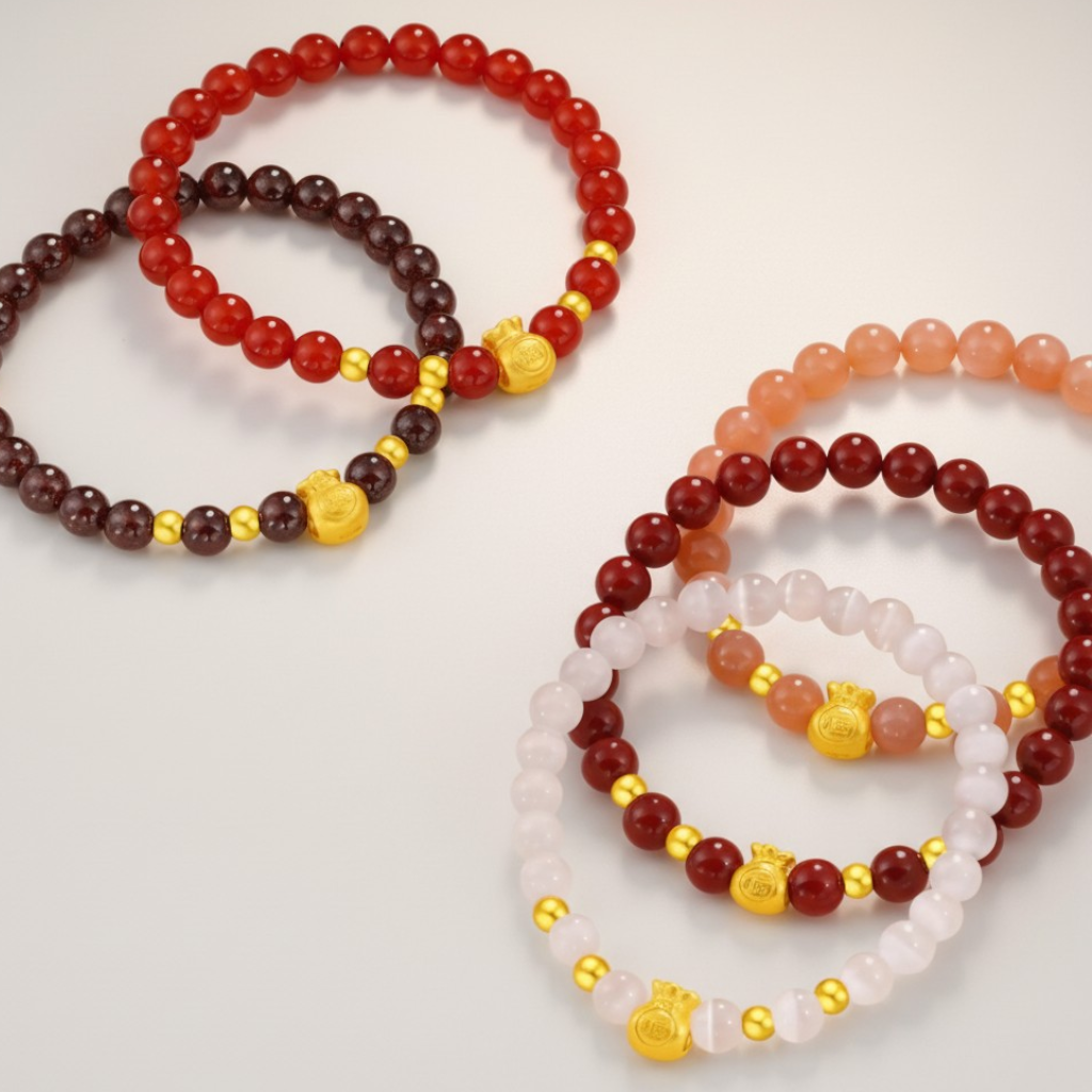 24K 999 Gold Lucky Blessing Bag Charm Sunstone Agate Garnet Beads Bracelet