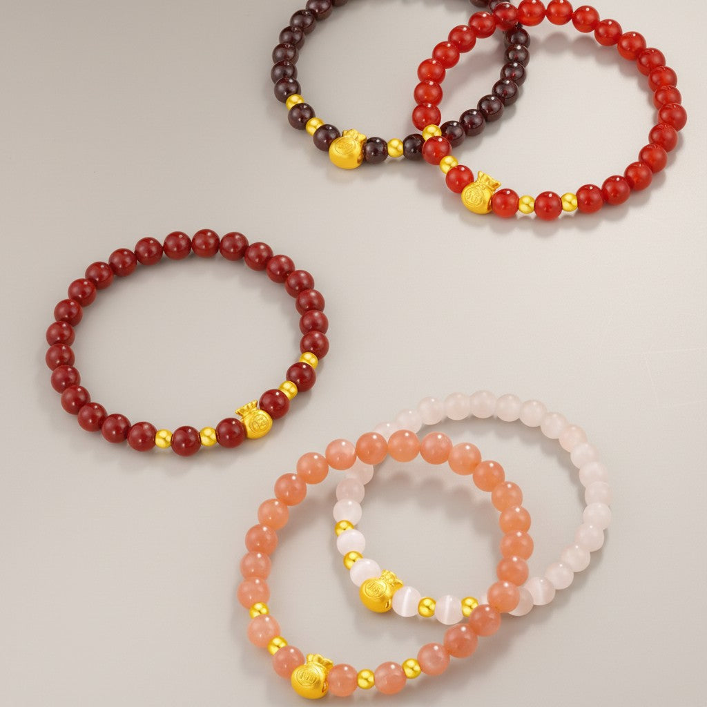 24K 999 Gold Lucky Blessing Bag Charm Sunstone Agate Garnet Beads Bracelet