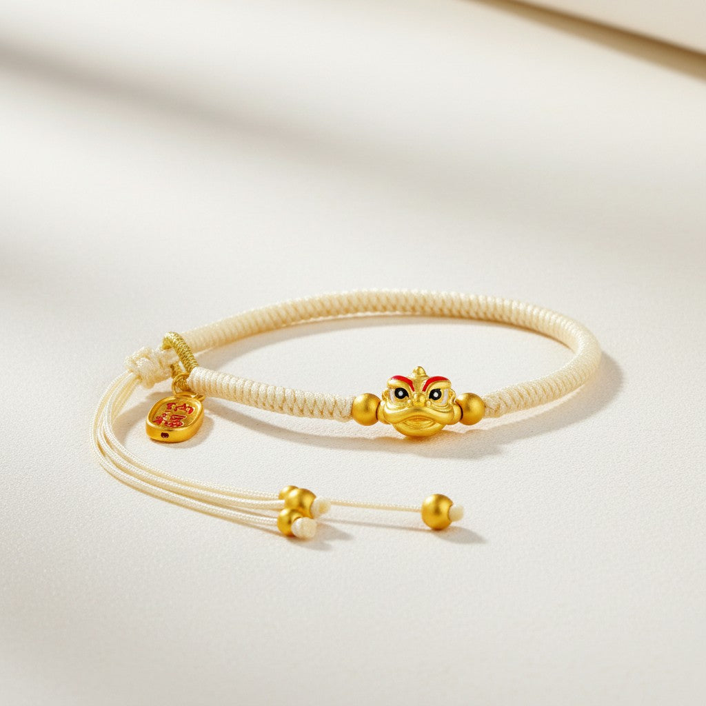 24K 999 Gold Enamel Dance Lion Charm String Cord Adjustable Bracelet