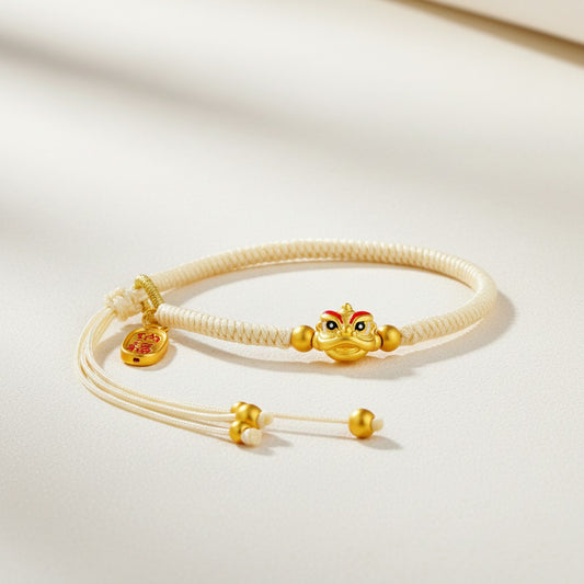 24K 999 Gold Enamel Dance Lion Charm String Cord Adjustable Bracelet